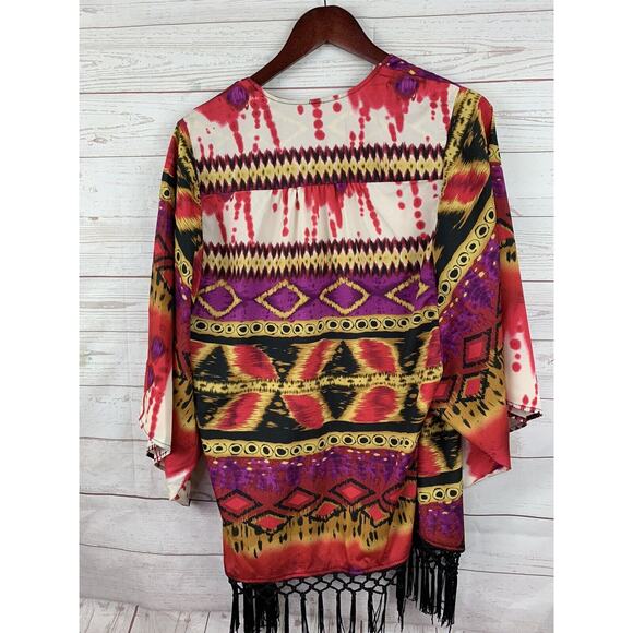 New Directions Kimono Womens Small Open Front Fringe‎ Pink/Black - Picture 2 of 6